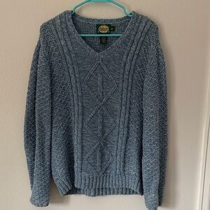 Cabelas V Neck Cable Knit Sweater Blue White Marled Cotton Medium